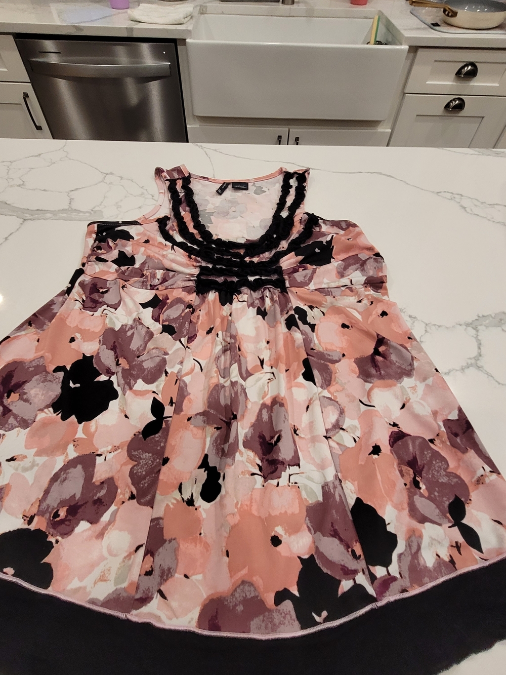 new directions Pink Floral Sleeveless Top with Black Trim